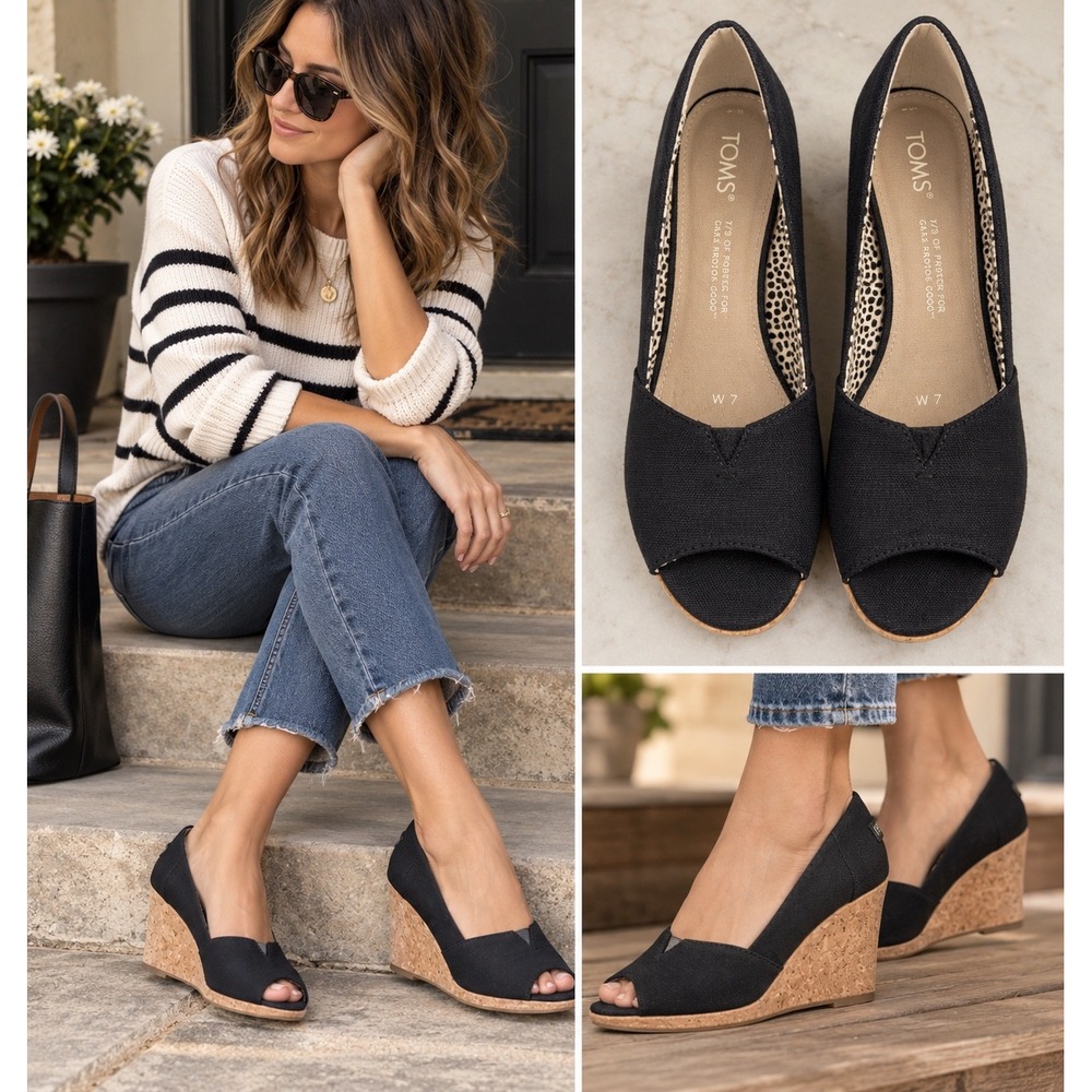 TOMS Wedge Sandals Black Canvas Cork Peep Toe Summer Size 7